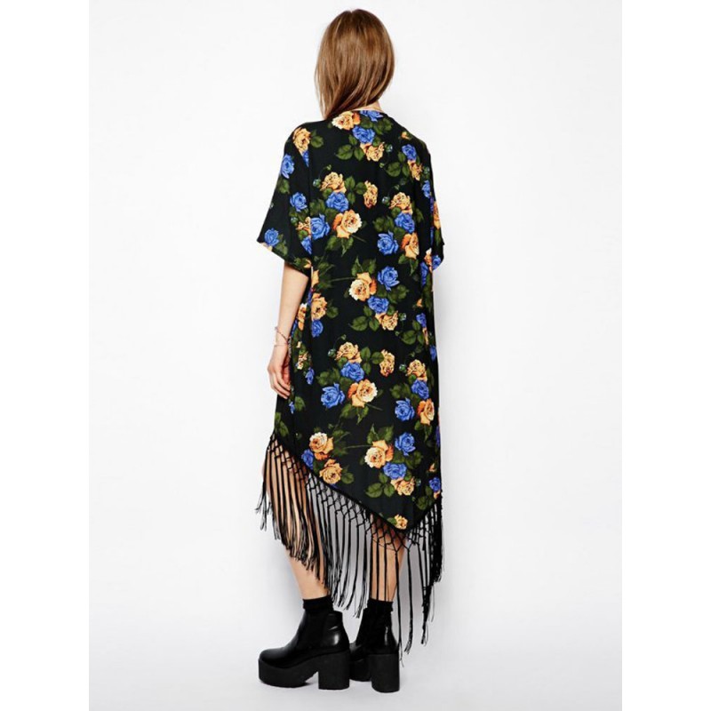 Fashion Vintage Boho Loose Floral Chiffon Long Kimono Cardigan