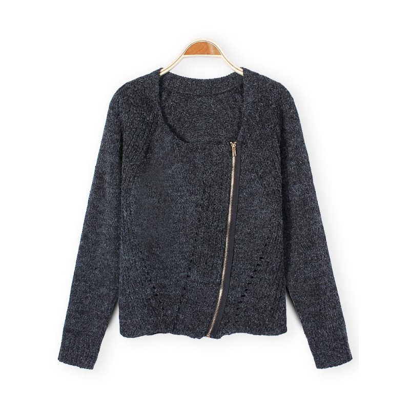 Women Oblique Zipper Knit Sweater Cashmere Cardiga...