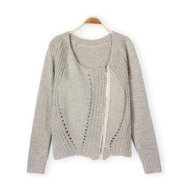 Women Oblique Zipper Knit Sweater Cashmere Cardigan