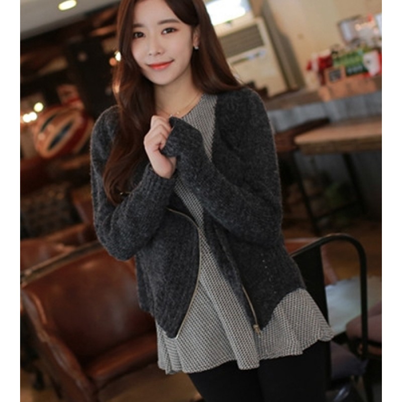 Women Oblique Zipper Knit Sweater Cashmere Cardigan