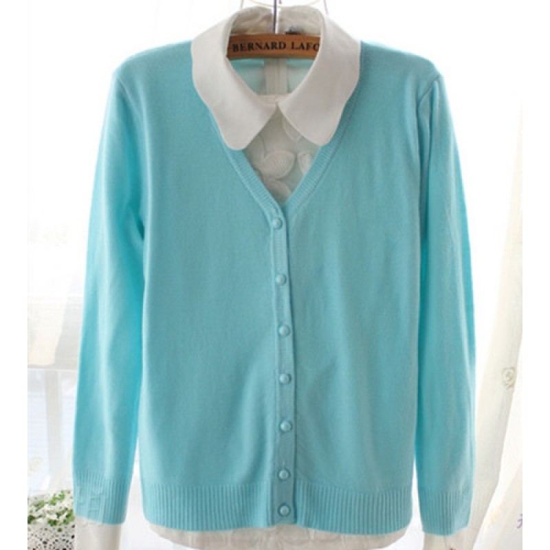 Women Candy Color V Neck Long Sleeve Slim Knit Car...