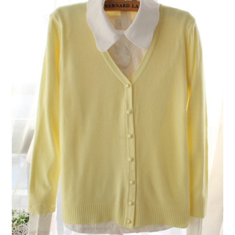 Women Candy Color V Neck Long Sleeve Slim Knit Cardigan Sweater