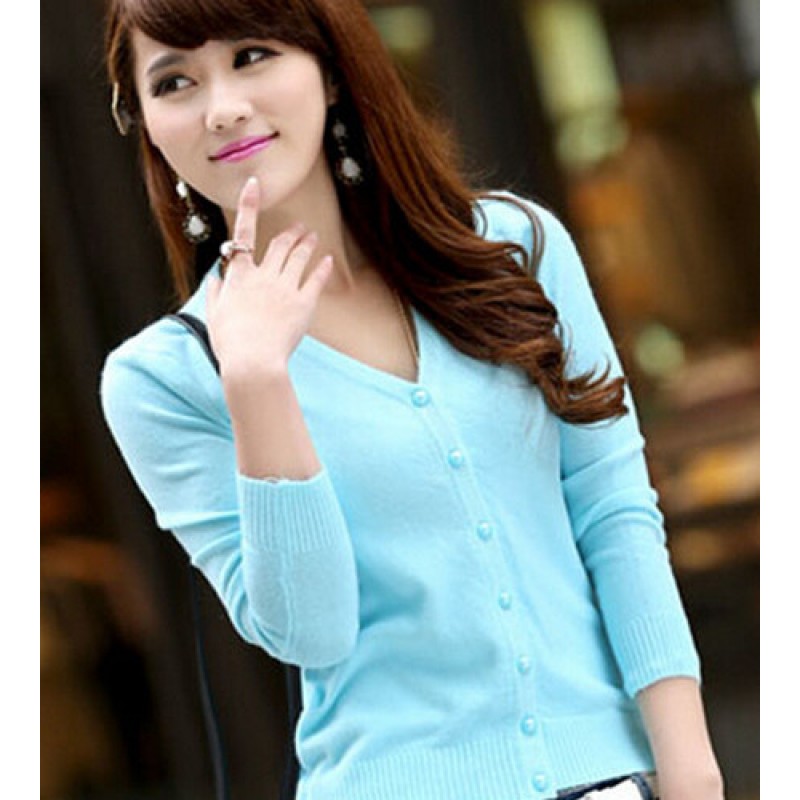 Women Candy Color V Neck Long Sleeve Slim Knit Cardigan Sweater