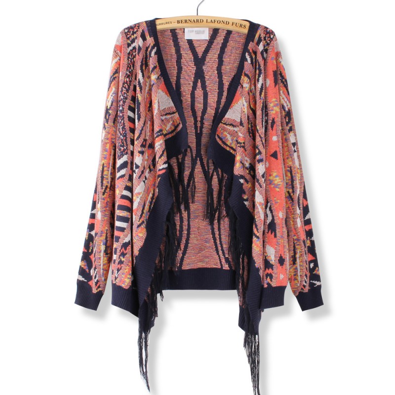 Fashion Loose Colorful Tassel Retro Hem Knit Cardi...