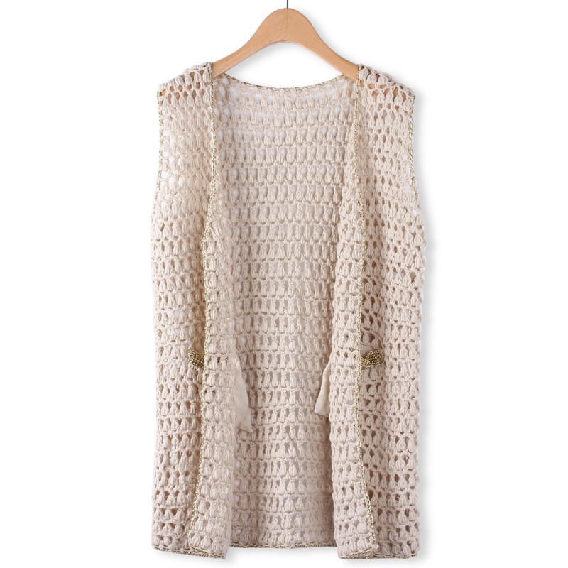 Fashion Loose Net Yarn Chunk Lurex Knitted Sleeveless Cardigan