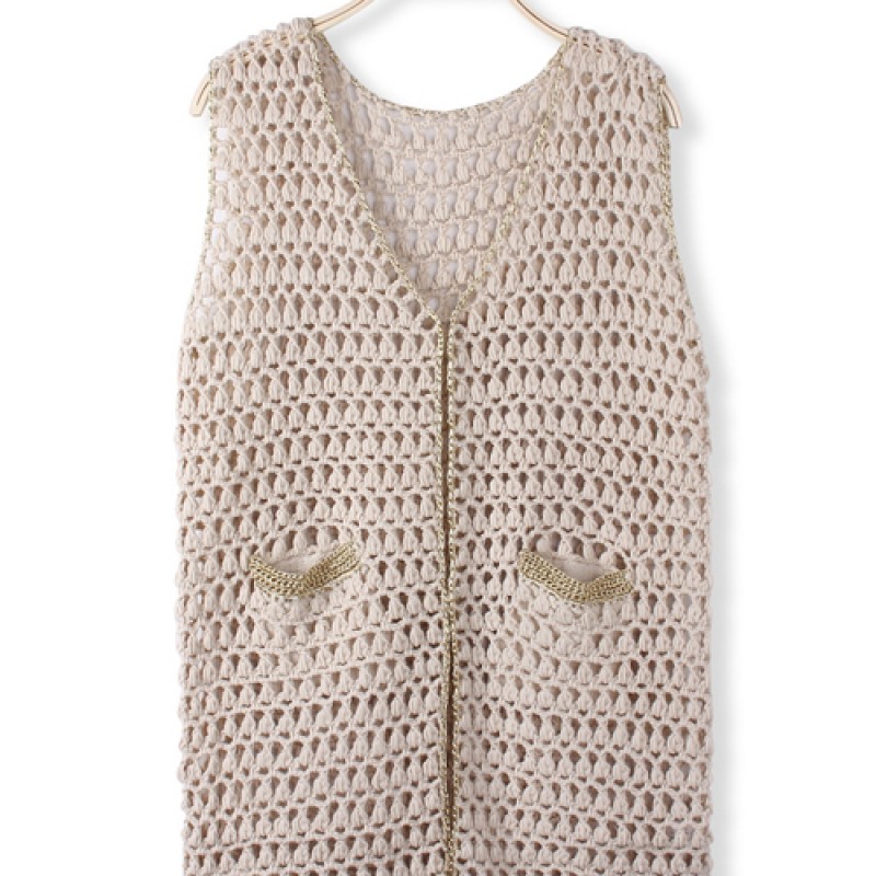 Fashion Loose Net Yarn Chunk Lurex Knitted Sleeveless Cardigan