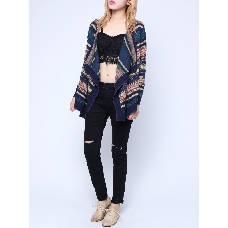 Fashion Colorful Stripes Long Sleeved Knitted Sweater Cardigan