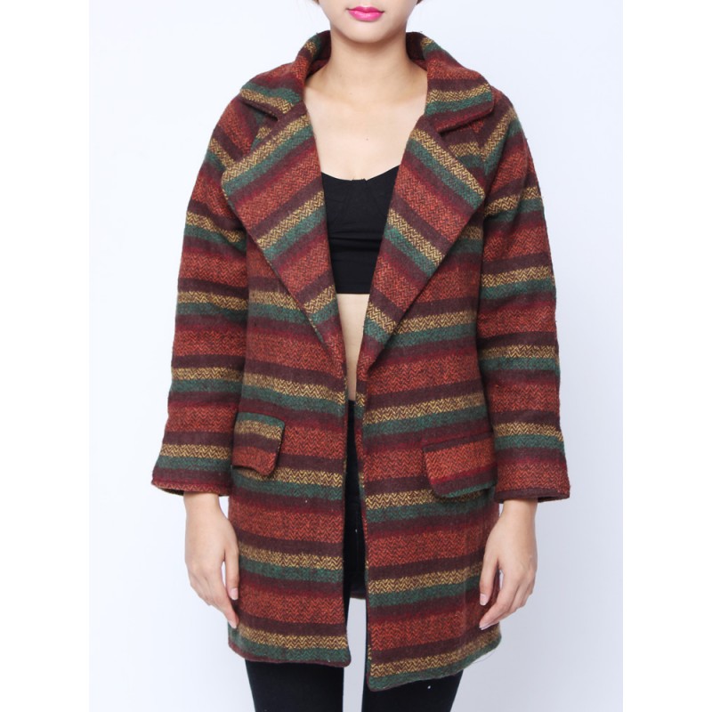 Fashion Loose Colorful Strip Long Sleeve Woolen Coat Cardigan