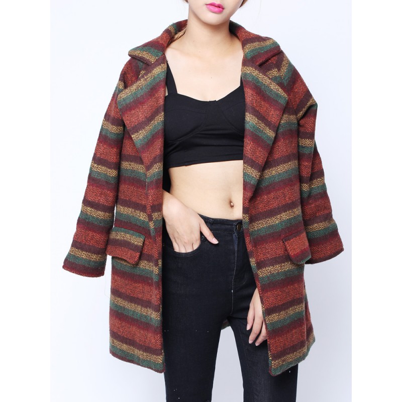 Fashion Loose Colorful Strip Long Sleeve Woolen Coat Cardigan