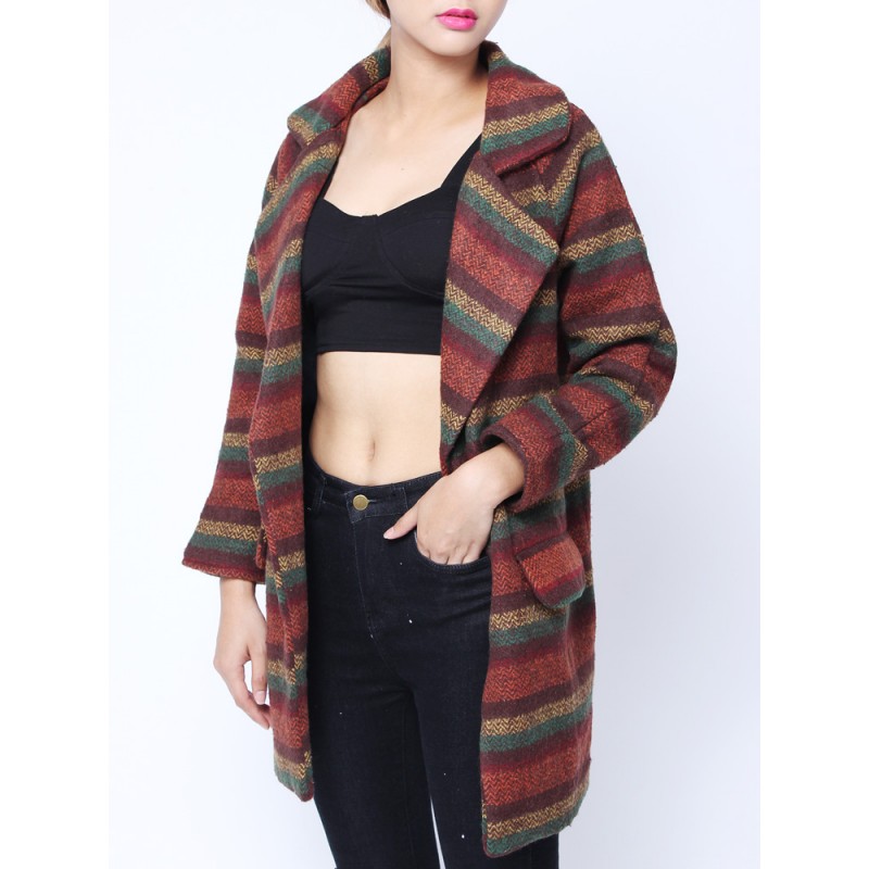 Fashion Loose Colorful Strip Long Sleeve Woolen Coat Cardigan