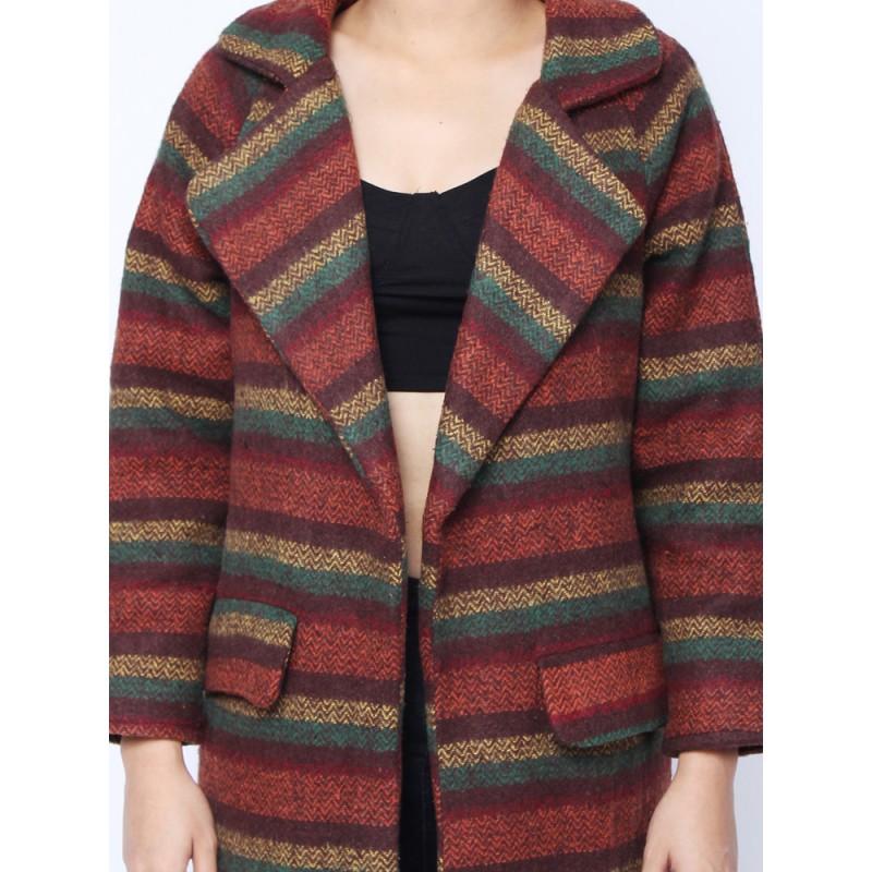 Fashion Loose Colorful Strip Long Sleeve Woolen Coat Cardigan