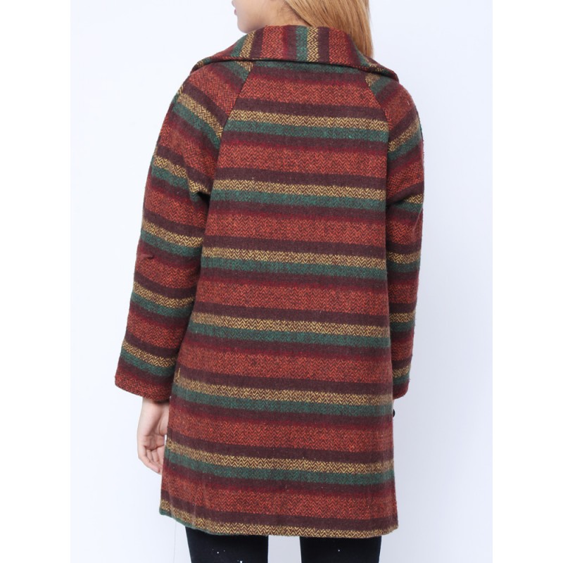 Fashion Loose Colorful Strip Long Sleeve Woolen Coat Cardigan