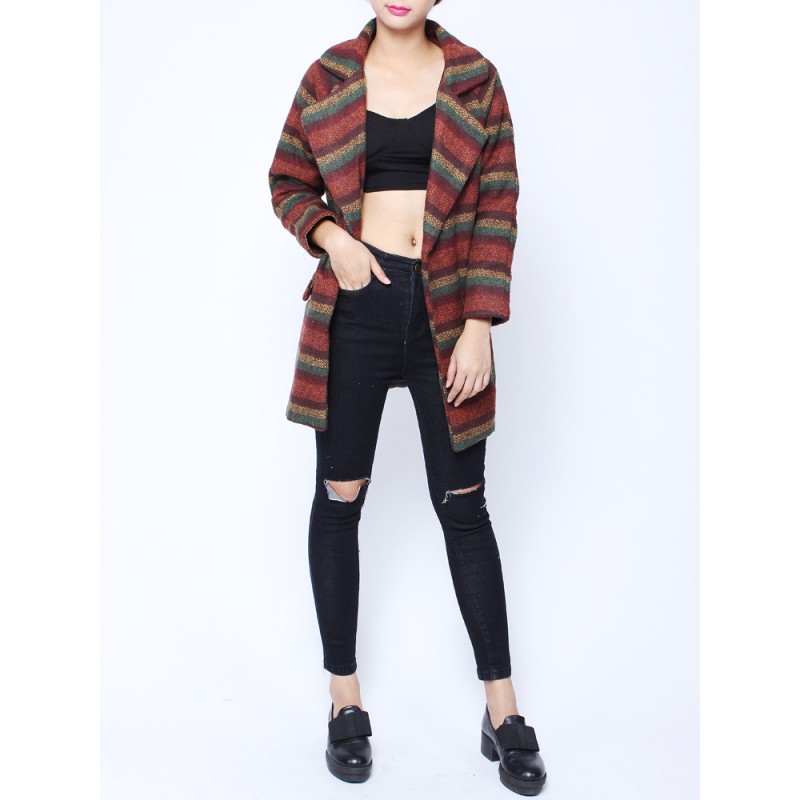 Fashion Loose Colorful Strip Long Sleeve Woolen Coat Cardigan