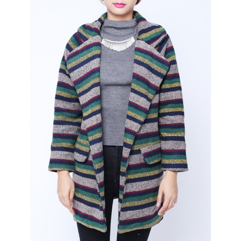 Fashion Loose Colorful Strip Long Sleeve Woolen Coat Cardigan