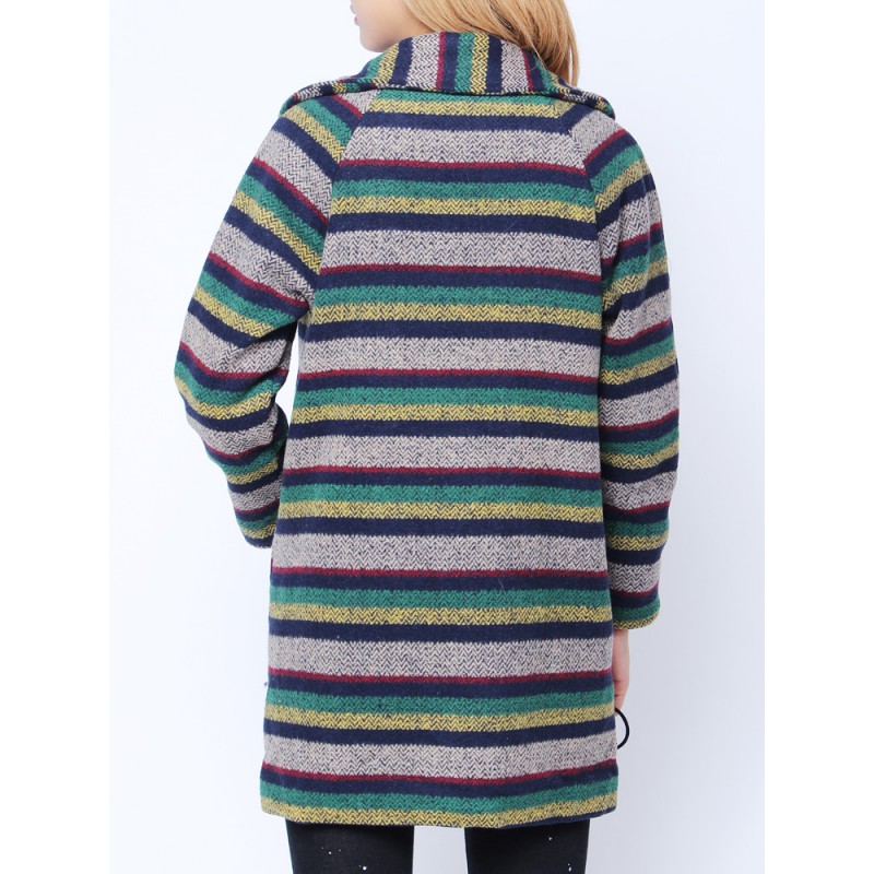 Fashion Loose Colorful Strip Long Sleeve Woolen Coat Cardigan