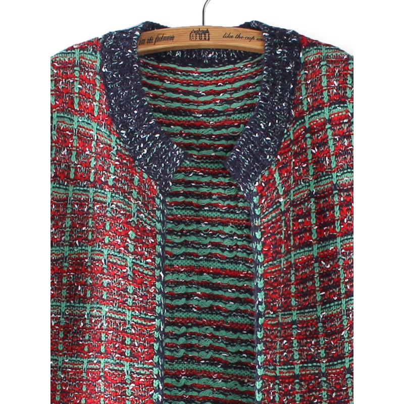 Casual Colorful Plaid O Neck Sleeveless Yarn Knit Cardigan Sweater