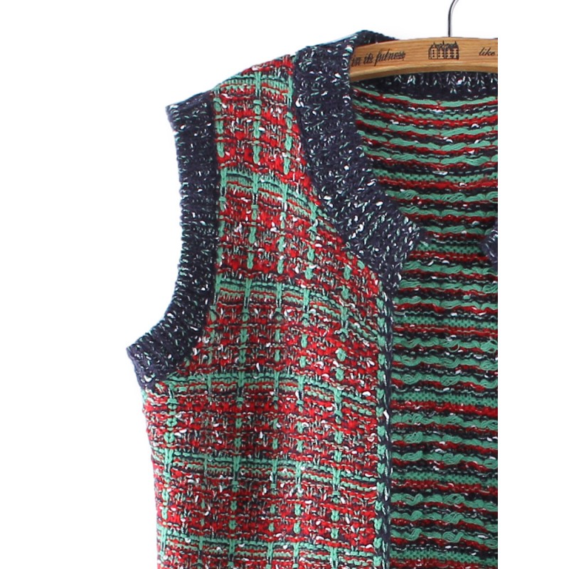 Casual Colorful Plaid O Neck Sleeveless Yarn Knit Cardigan Sweater