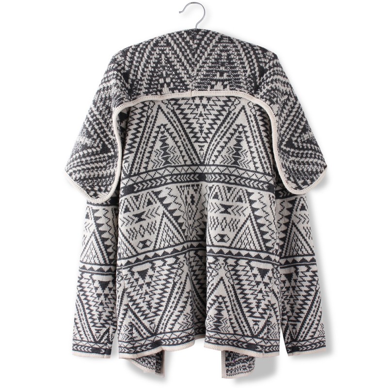 Women Grey Lapel Geometric Totem Print Long Sleeve...