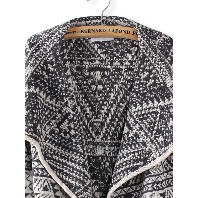 Women Grey Lapel Geometric Totem Print Long Sleeve Knit Cardigan