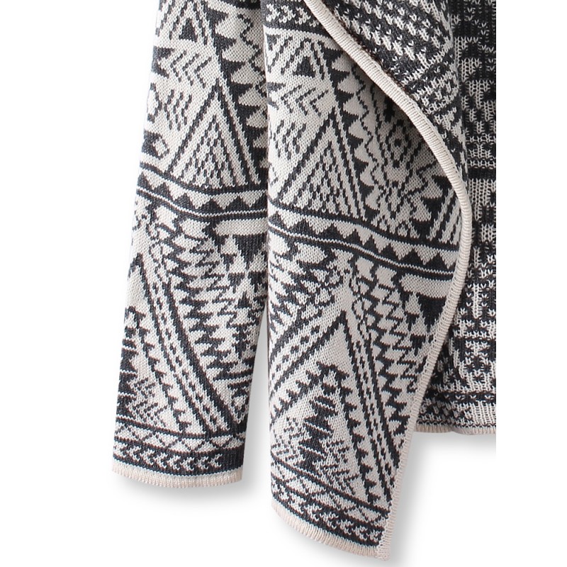 Women Grey Lapel Geometric Totem Print Long Sleeve Knit Cardigan