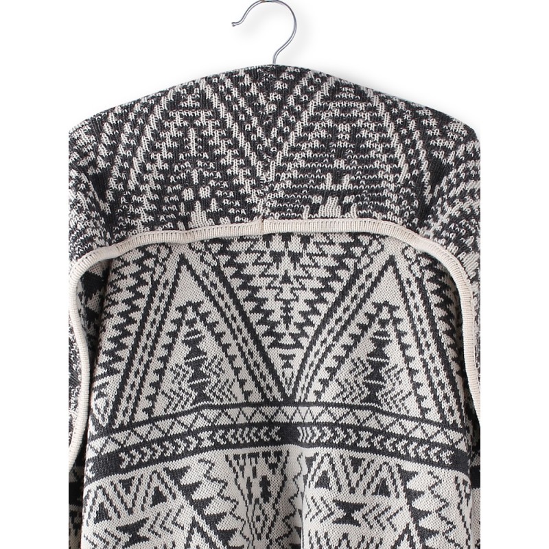 Women Grey Lapel Geometric Totem Print Long Sleeve Knit Cardigan