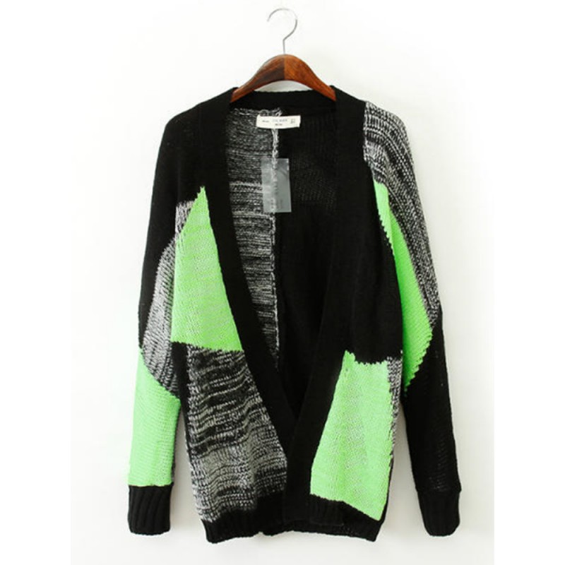 Women Casual Fluorescent Green Knitted Patchwork Sweater Cardigan