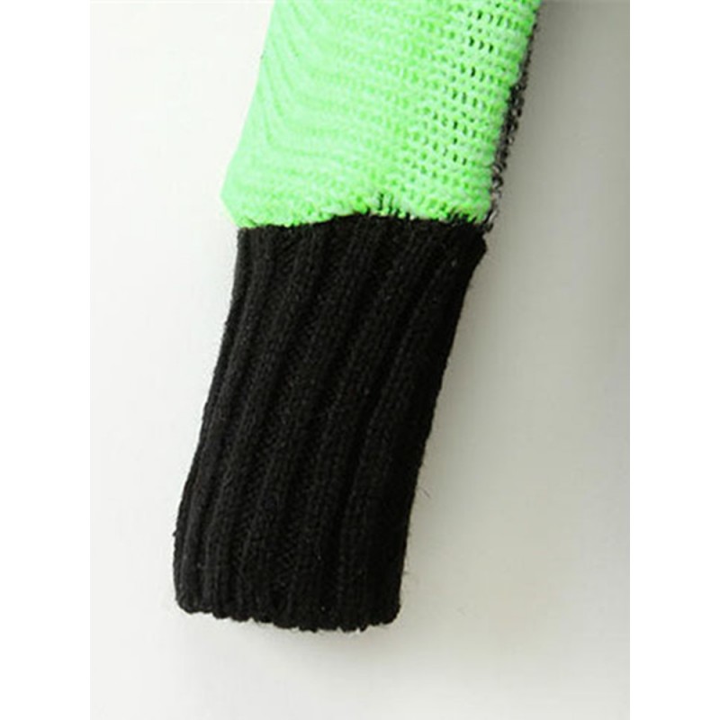 Women Casual Fluorescent Green Knitted Patchwork Sweater Cardigan