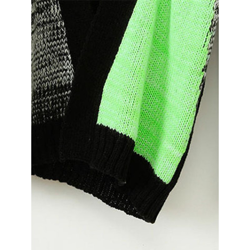 Women Casual Fluorescent Green Knitted Patchwork Sweater Cardigan