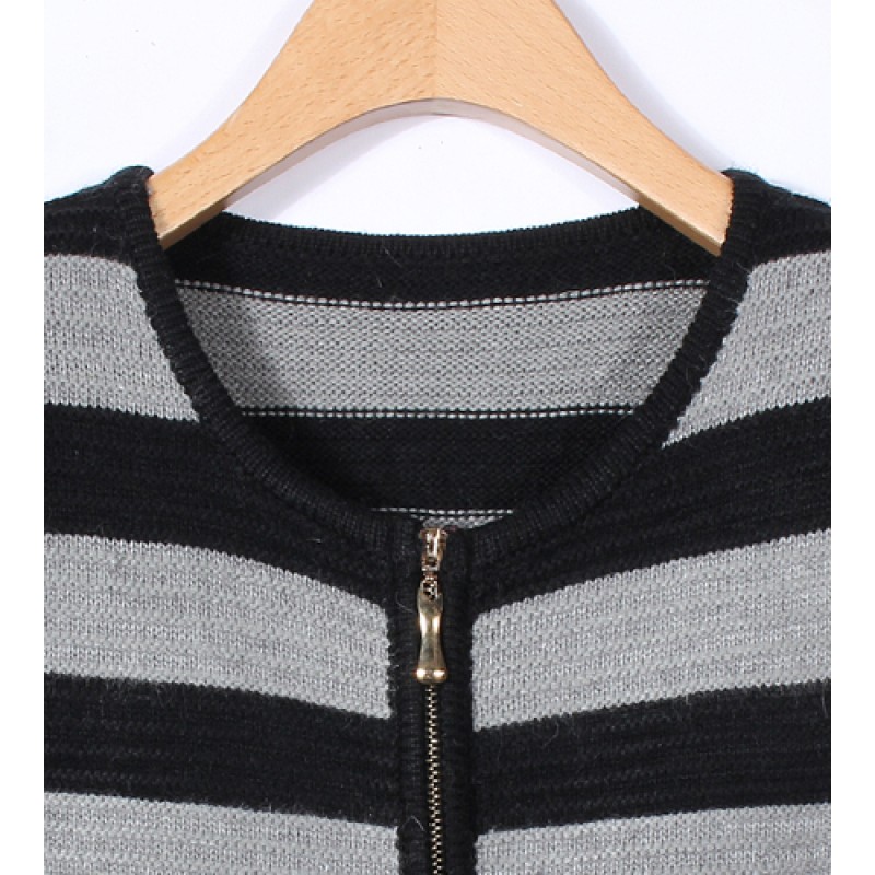 Women Loose Zipper Striped Irregular Hem Knitted Cardigan