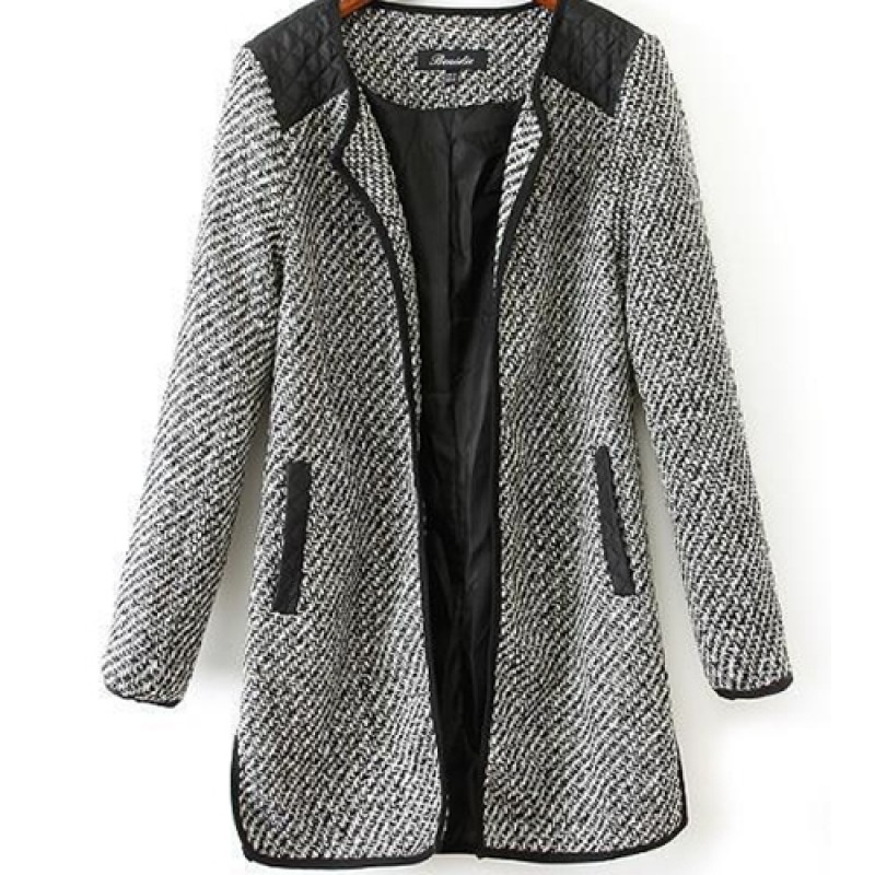 Women Patchwork Pockets Long Sleeve Wool Long Slim Cardigan Outwear