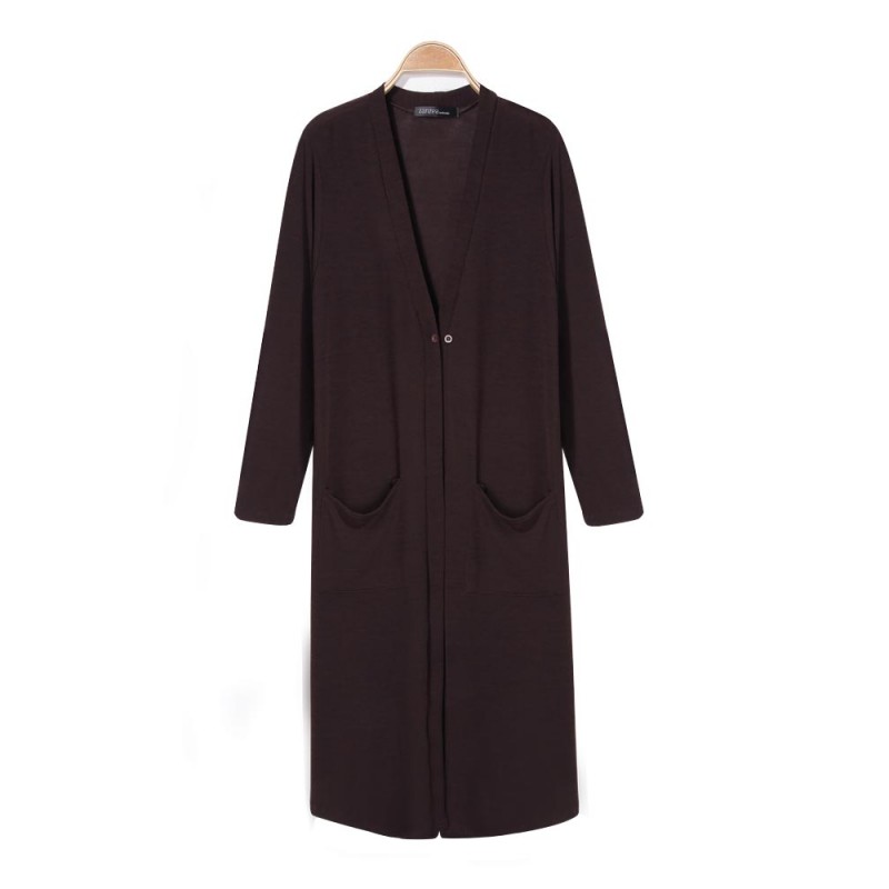 Women Long Section of Double Pocket Cardigan Long ...