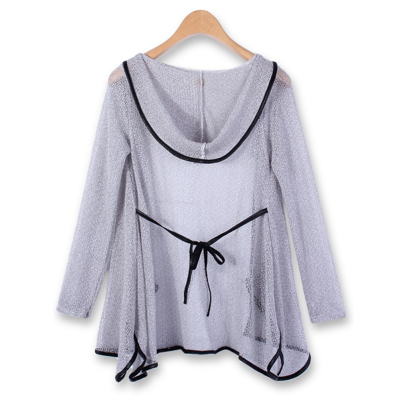 Women Casual Hollow Out Asymmetrical Hem Hooded Kn...