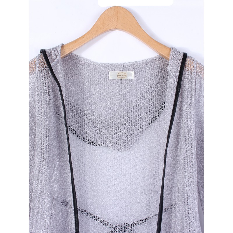 Women Casual Hollow Out Asymmetrical Hem Hooded Knit Cardigan