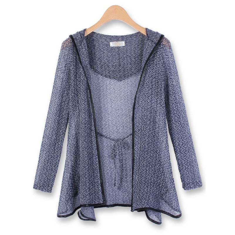 Women Casual Hollow Out Asymmetrical Hem Hooded Knit Cardigan