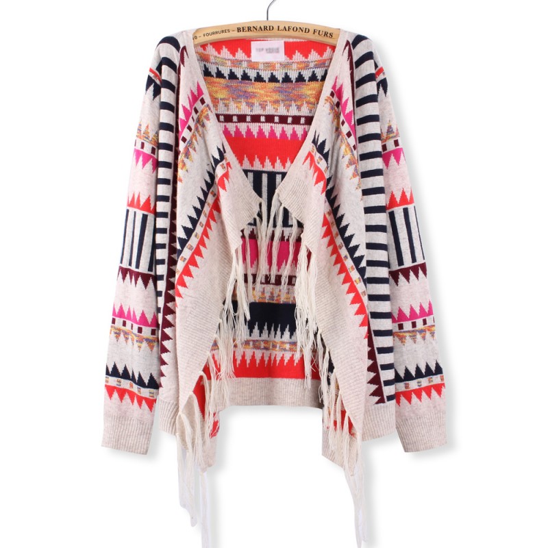 Fashion Loose Colorful Tassel Hem Long Sleeve Soft Cardigan Sweater