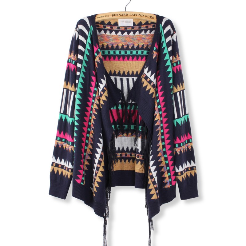 Fashion Loose Colorful Tassel Hem Long Sleeve Soft Cardigan Sweater