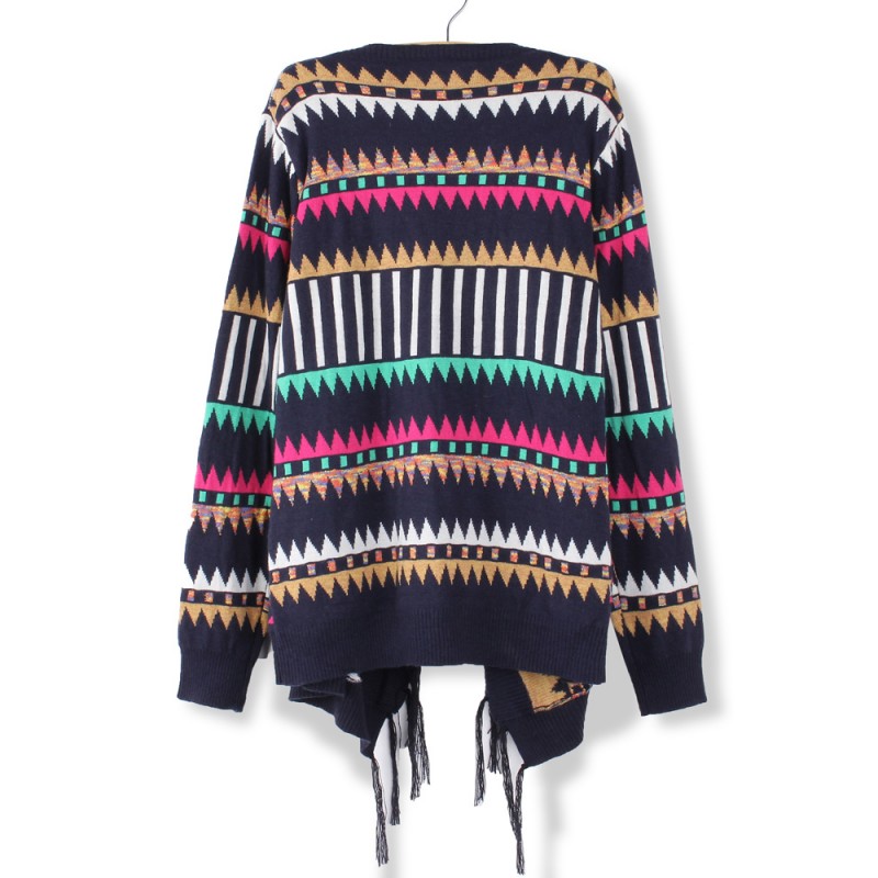 Fashion Loose Colorful Tassel Hem Long Sleeve Soft Cardigan Sweater