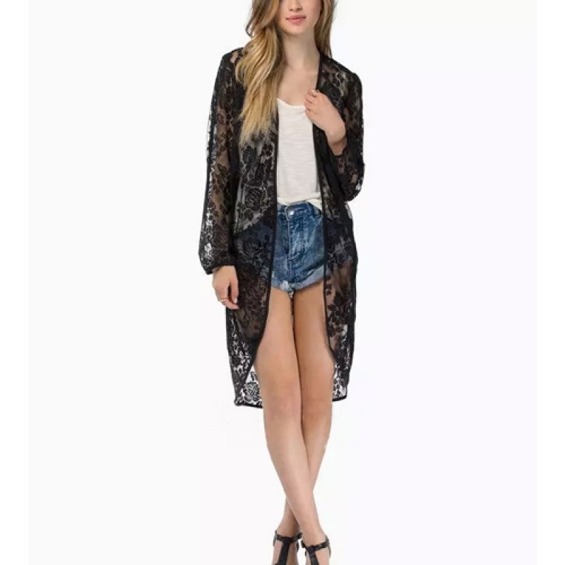 Women Casual Lace Long Sleeve Kimono Lady Fashion Long Cardigan