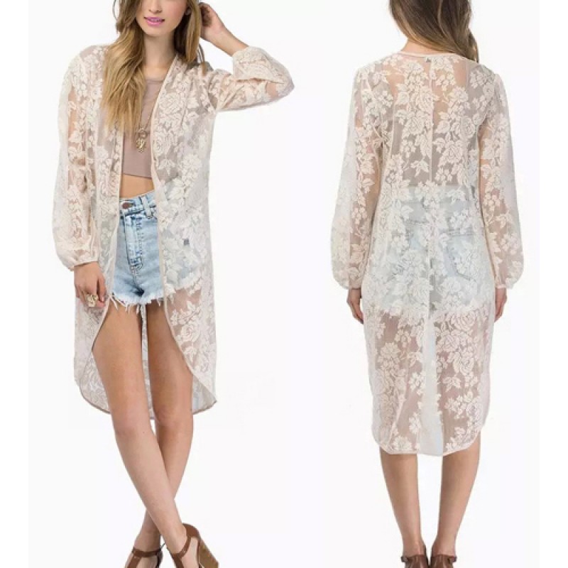 Women Casual Lace Long Sleeve Kimono Lady Fashion Long Cardigan