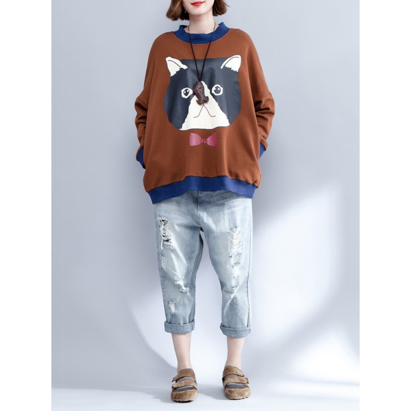 Plus Size Casual Women Color Splicing Cat Sweatshirt
