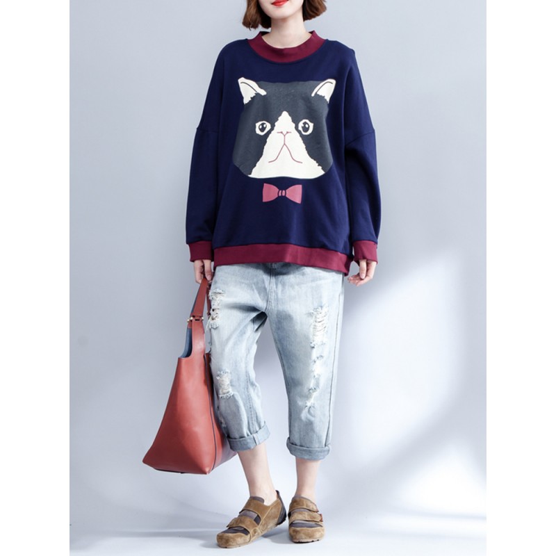 Plus Size Casual Women Color Splicing Cat Sweatshirt
