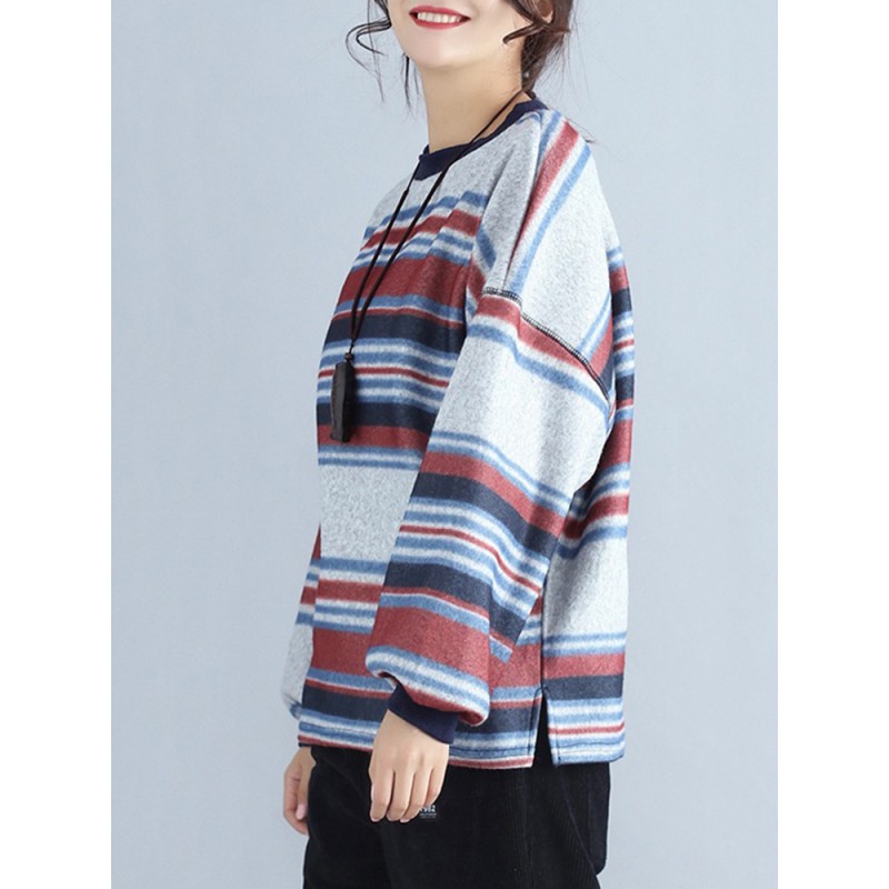 Plus Size Women Woolen Stripes Sweatshirts