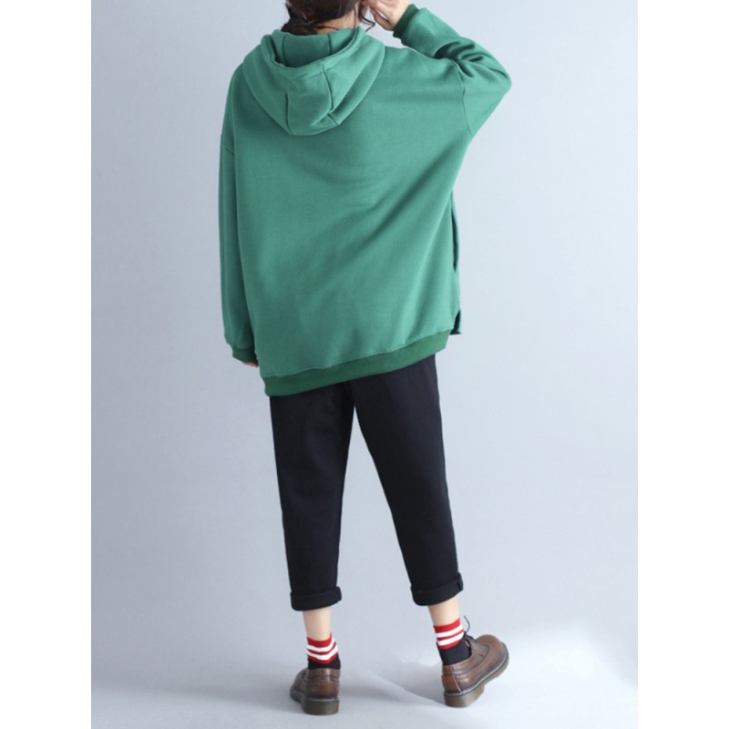 Plus Size Casual Women Green Bear Hooded Thick Sweatshirts