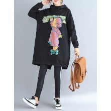 Plus Size Casual Women Cartoon Printed Hooded Thic...
