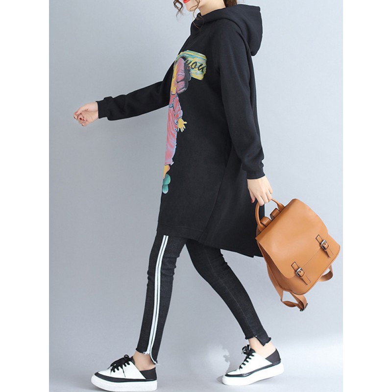 Plus Size Casual Women Cartoon Printed Hooded Thick Sweatshirts