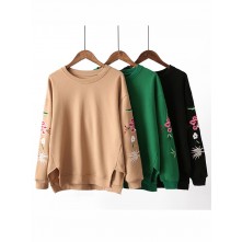 Casual Women Loose Round Neck Embroidery Thicken C...