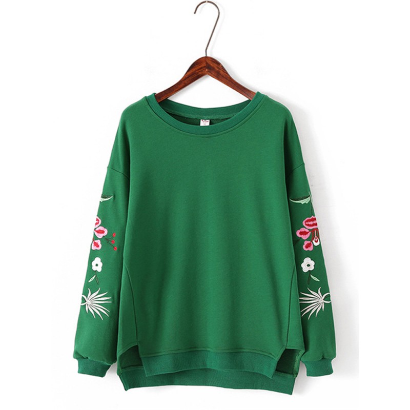 Casual Women Loose Round Neck Embroidery Thicken Cotton T Shirt
