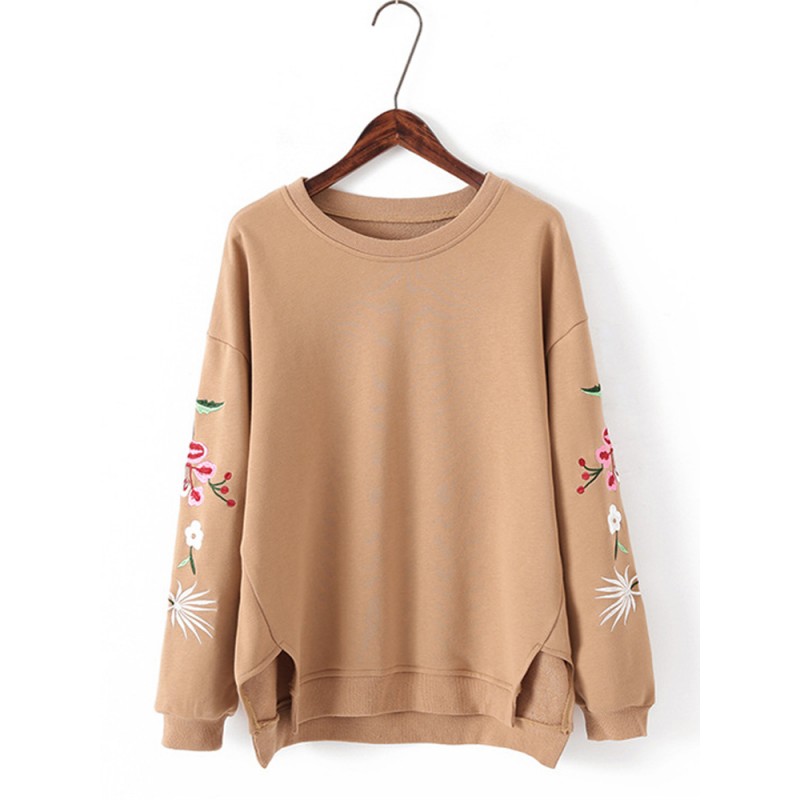 Casual Women Loose Round Neck Embroidery Thicken Cotton T Shirt