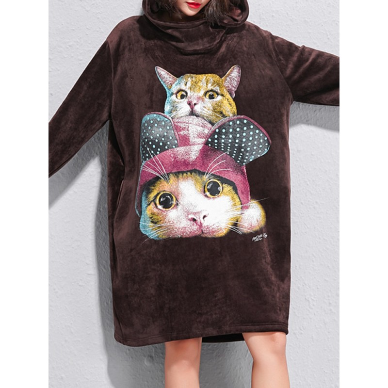 Plus Size Women Velvet Cat Sweatshirt Dress