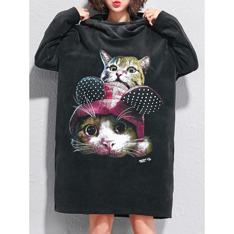Plus Size Women Velvet Cat Sweatshirt Dress